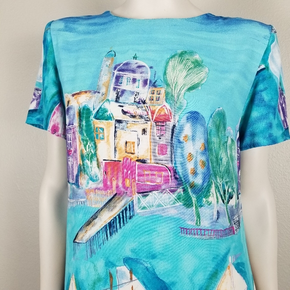 Vintage Blue Ocean Pier Scene Nautical Painted Look Shift Dress Size 6 - Picture 3 of 7